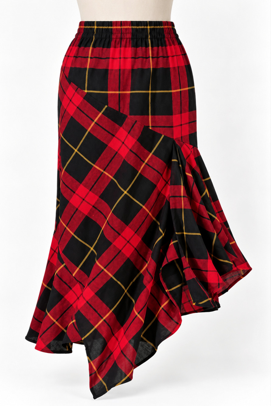 Pyramid Collection Tartan Plaid Asymmetrical Handkerchief Hem Skirt Red Black XL